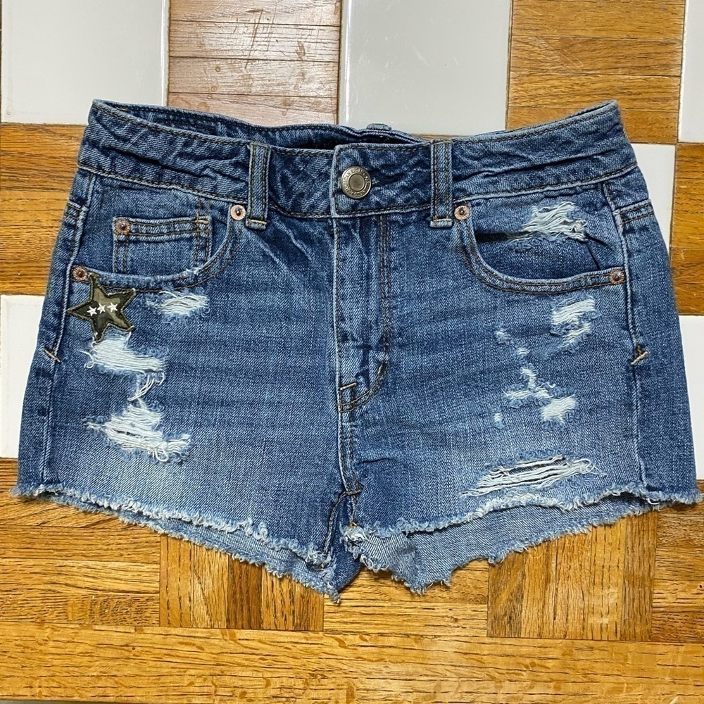 American Eagle Distressed Denim Shorts with Patches Size 0 Women